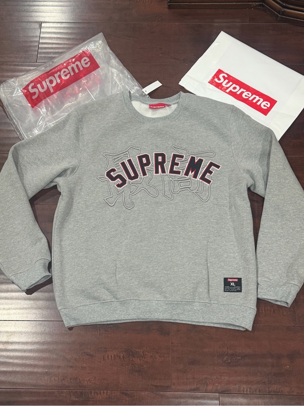 Supreme Gray Crewneck with Red-Outlined Logo